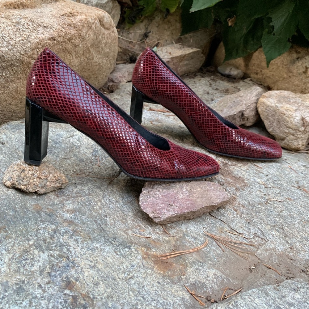 Stuart Weitzman Burgundy Snakeskin Block Heel Pumps